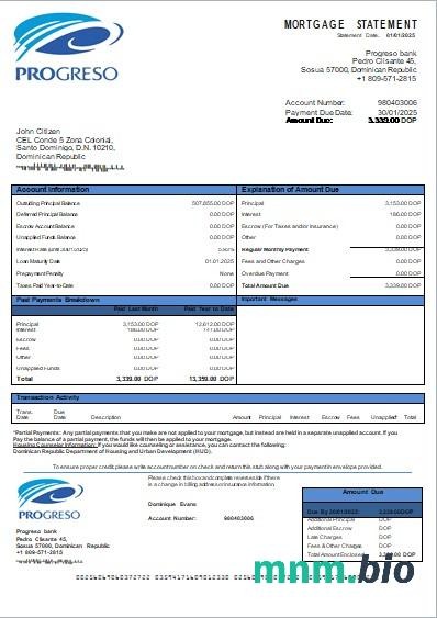 Dominikana Bank Progreso wyciąg z kredytu hipotecznego szablon Word i PDF